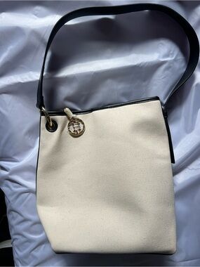 Cream Canvas Shoulder Bag with Black Trim and Gold Charm